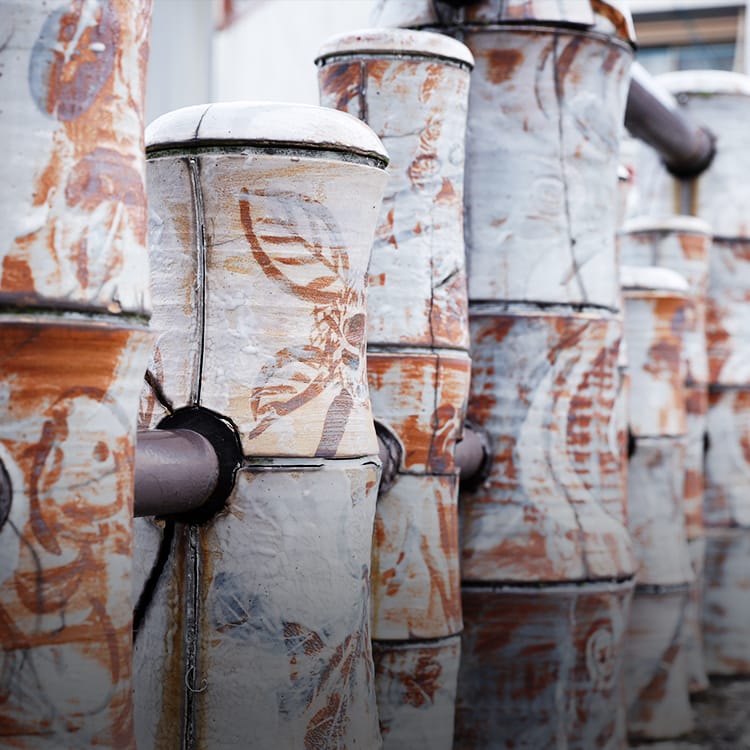 The Seto River, which runs through the city, is crossed by numerous bridges decorated with ceramics. Azuma Bridge, shown in the photograph, is just one of them. 